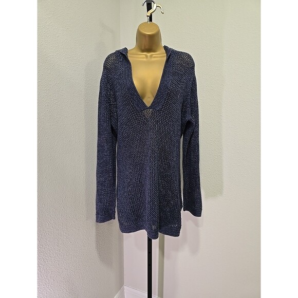 Blue Open Knit Hooded Sweater V Neck Womens Chicos 3 XXL Stretch Coastal Crochet - Picture 1 of 7